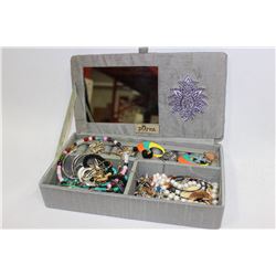 SILVER COLORED JEWELRY BOX W/CONTENTS