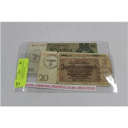 GERMAN 3 BANKNOTES WAFFEN SS 1 SS DYV ADOLF HITLER