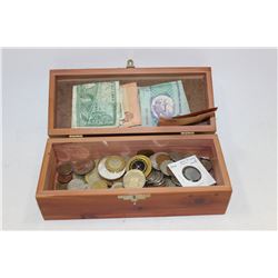 MOTORCYCLE WOODEN BOX FULL OF WORLD COINS & PAPER