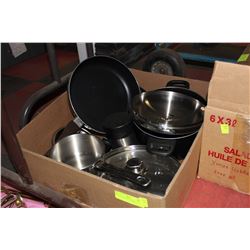 BOX OF POTS / PANS & CREPE PAN