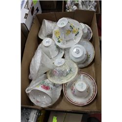 BOX OF MOSTLY ENGLISH BONE CHINA CUPS AND SAUCERS