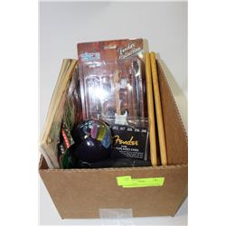 BOX OF MUSIC ACCESSORIES,GUITAR TUNERS,NEW FENDER