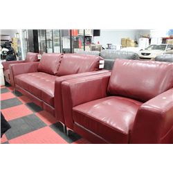 RED LEATHERETTE SOFA W 2 CHAIRS