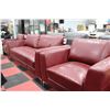 Image 1 : RED LEATHERETTE SOFA W 2 CHAIRS
