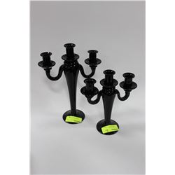 PAIR OF BLACK GLASS CANDLE HOLDERS