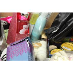 BOX OF LOTIONS,CONAIR TRIMMER,BATH BALLS AND NAIL