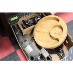 BOX OF MISC. (LARGE GRINDER, DOUBLE AXE HEAD, ETC.