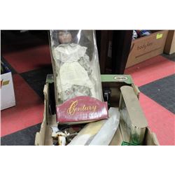 BOX OF MISC. (DOLL, CLOCK, TIN DECOY DESIGN, ETC.)