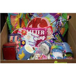 BOX W/ NEW PINATA & LOTS OF PARTY SUPPLIES