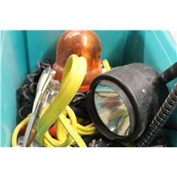 GREEN CRATE FULL OF AUTO SUPPLIES,BOOSTER CABLES