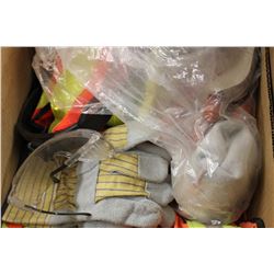 BOX W/ WORKING GLOVES, VESTS & HARD HATS