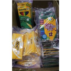 BOX OF BIC HIGHLIGHTERS AND PENCIL CRAYONS