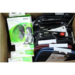 BOX OF IPOD POWER PACKS AND LAPTOP CASES