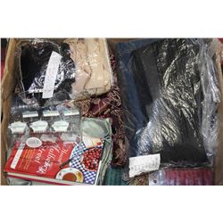 BOX OF MISC. SHOWER RINGS AND FABRIC