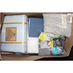 BOX OF NEW QUEEN SIZE SHEETS ETC.