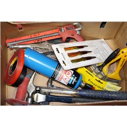 BOX OF HAMMERS, CHISELS, VICE GRIPS & TORCH