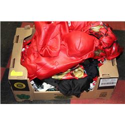 BOX OF MISC. TOYS, COSTUMES, ETC.