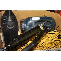 BOX W/ PORTABLE AIR COMPRESSOR, GREASE GUN,
