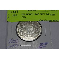 HIGH GRADE WW2 1942 GVI SILVER 50 CENT COIN