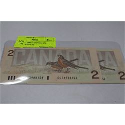 GEM UNC 1986 $2 CONSEC S/N 'ROBIN' NOTES X2