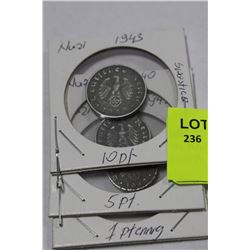 1940/42/43  NAZI COINS, 1,5 AND 10 PFENING X3
