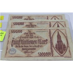 1923 GERMAN 5 MILLION MARK NOTE X3 WITH SERIAL
