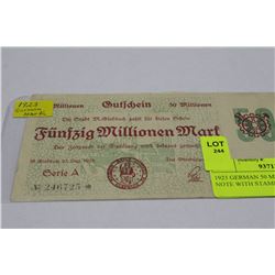 1923 GERMAN 50 MILLION MARK NOTE WITH STAMP AND