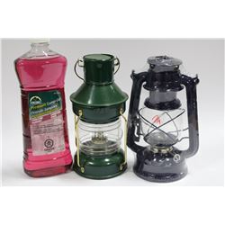 BOX W/ 2 OIL LANTERNS ,AND NEW BOTTLE OF OIL