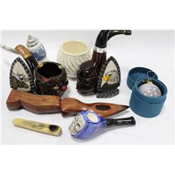 TRAY W/ ASSORTED PIPES COLLECTION AND  ORNAMENTS