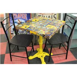 YELLOW CAST IRON MEXICAN STYLE TABLE W/ 2 CHAIRS