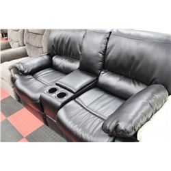 BLACK LEATHER RECLINING CONSOLE LOVE SEAT