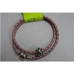 PANDORA PINK LEATHER BRACELET W/ 10KT GOLD & SILVER
