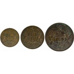 Copper Set of Three Coins of Madras Presidency of differerent denominations.