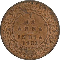 Copper One Twelfth Anna of Victoria Empress of Calcutta Mint of 1901.
