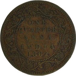 Copper One Quarter Anna of Victoria Queen of Bombay Mint of 1862.