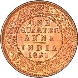 Copper One Quarter Anna of Victoria Empress of Calcutta Mint of 1891.