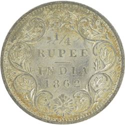 Silver Quarter Rupee of Victoria Queen of Calcutta Mint of 1862.