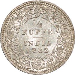 Silver Quarter Rupee of Victoria Empress of Calcutta Mint of 1882.