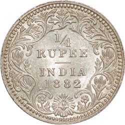 Silver Quarter Rupee of Victoria Empress of Calcutta Mint of 1882.