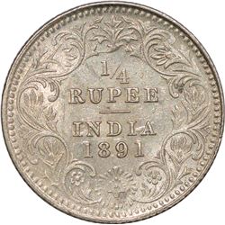 Silver Quarter Rupee of Victoria Empress of Calcutta Mint of 1891.