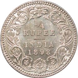 Silver Quarter Rupee of Victoria Empress of Calcutta Mint of 1898.