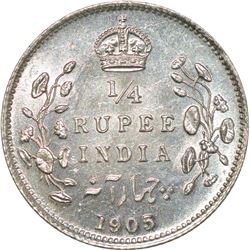 Silver Quarter Rupee of King Edward VII of Calcutta Mint of 1905.