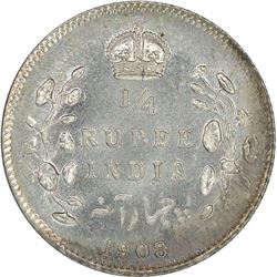 Silver Quarter Rupee of King Edward VII of Calcutta Mint of 1908.