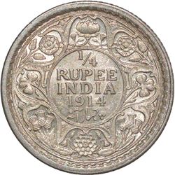 Silver Quarter Rupee of King George V of Calcutta Mint of 1914.