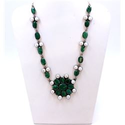 Sterling Silver .925 Emerald Beryl & Pearl Necklace ctw