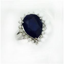 BLUE SAPPHIRE PEAR 7.84CT, GLS 9187  14K W/G RING 7.60GRAM / DIAMOND RD 0.50CT