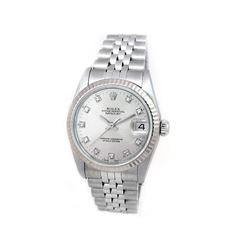 31mm Midsize Rolex Stainless Steel Oyster Perpetual Datejust Watch. Silver 10R Dial. 18k White Gold 