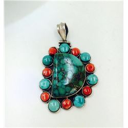 Sterling Silver .925 Coral & Turquoise Pendant 18.41g Dim.34x45mm