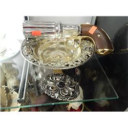 GUN BOTTLE, SILVER STYLE DISH AND BELT BUCKLE = 3 PC TOTAL