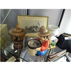 ORNAMENTS - (2), FRAMED VINTAGE PICTURE AND WISHING WELL (WORKS) = 4 PC TOTAL